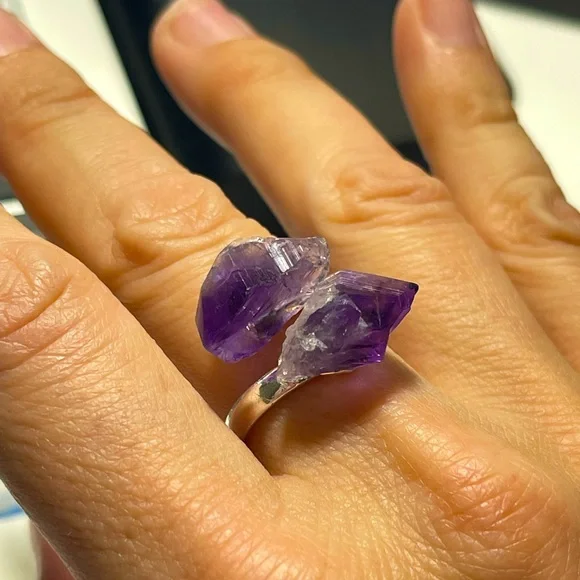 Raw Amethyst Crystal Wrap Ring on Stainless Steel Setting Adjustable One Size - Picture 3 of 9